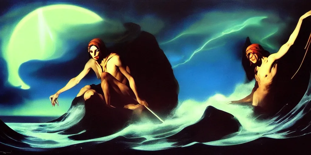 Prompt: Charon the ferryman of Hades, by Rolf Armstrong, landscape, dramatic lighting, high contrast colors, satellite view, as trending on Artstation,