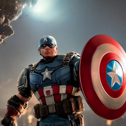 Prompt: Donald Trump as captain america in Gears of War, splash art, movie still, cinematic lighting, dramatic, octane render, long lens, shallow depth of field, bokeh, anamorphic lens flare, 8k, hyper detailed, 35mm film grain