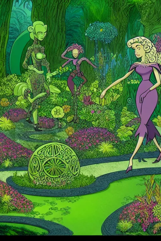 Image similar to intricate detailed Garden, Green Witch Walking her Garden, magical garden plant creatures, enchanted, life like plants, In The animation style of X-Men: The Animated Series, high detail, max upscale