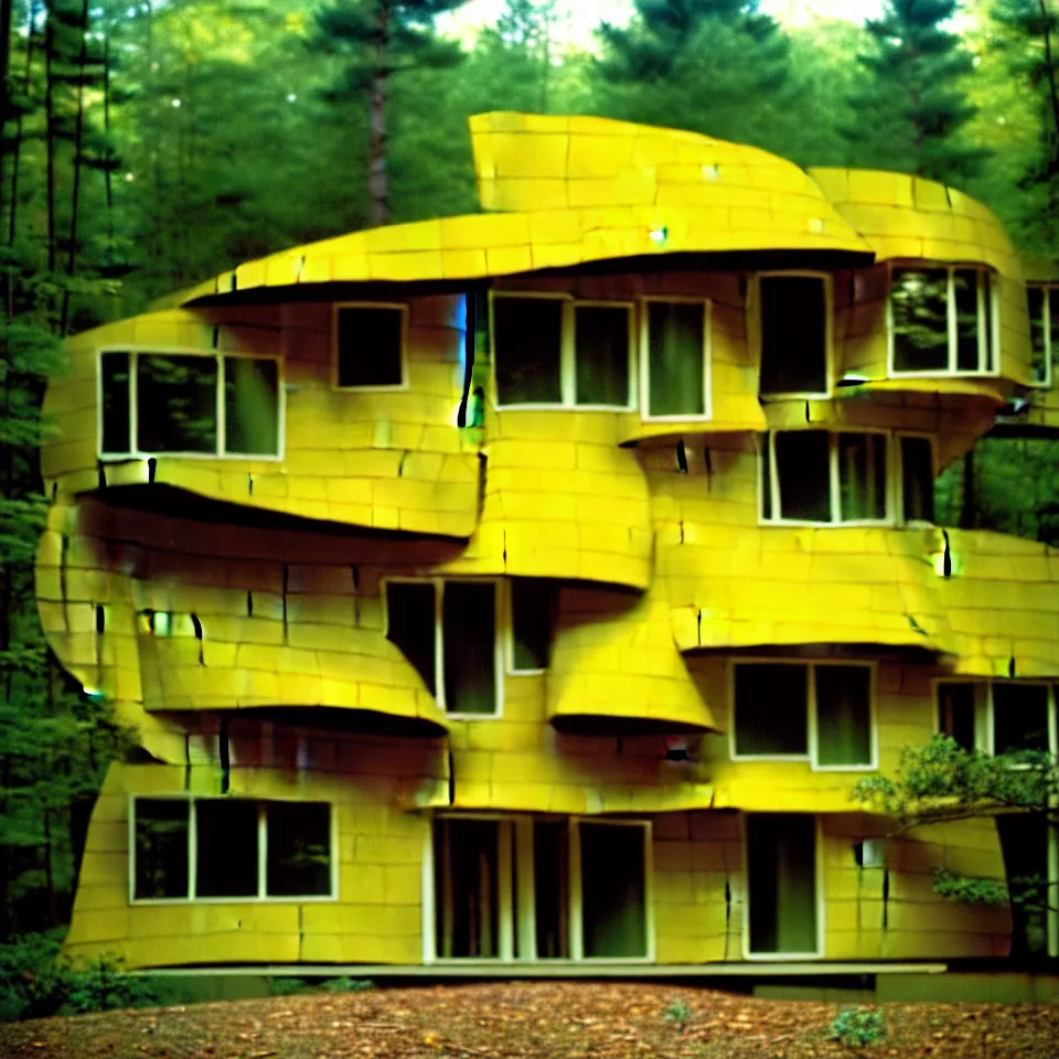 Image similar to a flat leveled mid-century modern house with big tiles in a forest, designed by Frank Gehry. Film grain, cinematic, yellow hue