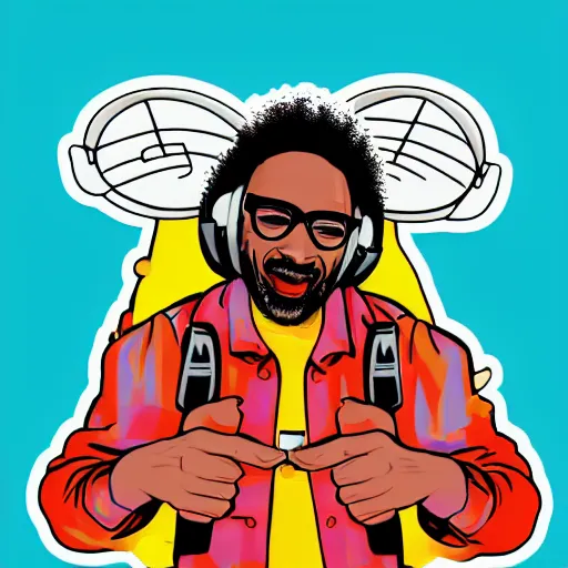 Image similar to svg sticker of a Dancing-Ben-Harper-Snoop-Spike-Lee-with-a-large-Afro-Puff, at a rave, spinning records, giant headphones rocking out, wearing headphones, huge speakers, dancing, rave, DJ, spinning records, digital art, amazing composition, rule-of-thirds, award-winning, trending on artstation, featured on deviantart