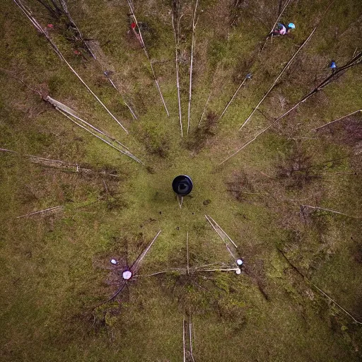 Image similar to shot from drone, real life, summoning, ritual, by greg rutkowksi