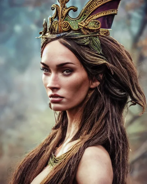Image similar to photorealistic head and shoulders photo of beautiful victorian female ornate fantasy greek elf spartan warrior goddess, megan fox, wind blown hair, seductive, confident, Neil Blevins, Frank frazetta, arney freytag, Ritu Kumar, Sabyasachi Mukherjee, Annie Leibowitz, Magic the gathering,octane, bokeh, 8k, fashion pose, cinematic, 28mm