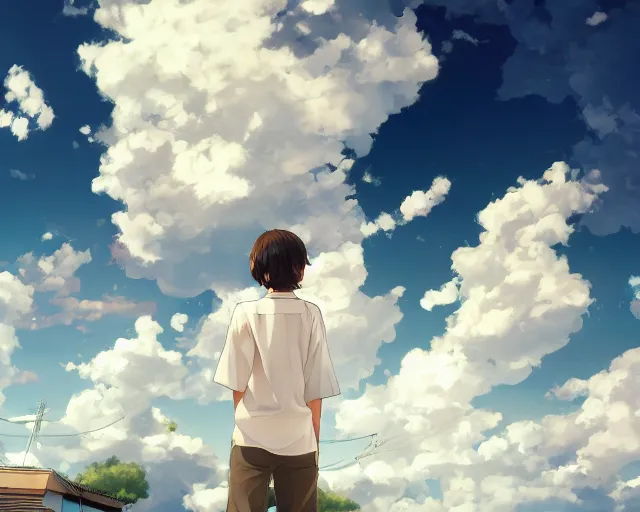 Image similar to teen looking at blue sky, wearing white shirt, back turned, looking up, illustration, by pine ( ハイネ ) and 薯 子 imoko and 香 川 悠 作 and wlop and maya takamura, highly detailed, trending artstation, pixiv, digital art