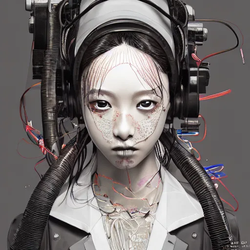 Prompt: the portrait of an absurdly beautiful, graceful, sophisticated, fashionable cyberpunk japanese school girl, an ultrafine hyperdetailed illustration by kim jung gi, irakli nadar, greg rutkowski, intricate linework, complex wiring, porcelain skin, machine guns, unreal engine 5 highly rendered, global illumination, radiant light, detailed and intricate environment