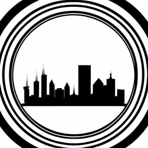 Image similar to a perfect circle where the inside is empty blank space and around the outer edge of the circle is the silhouette of a city skyline, black and white, minimalist, in the style of a line drawing