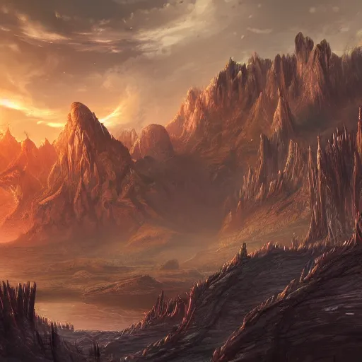 Image similar to stunning fantasy landscape, alien world, very detailed, 8k, trending on artstation