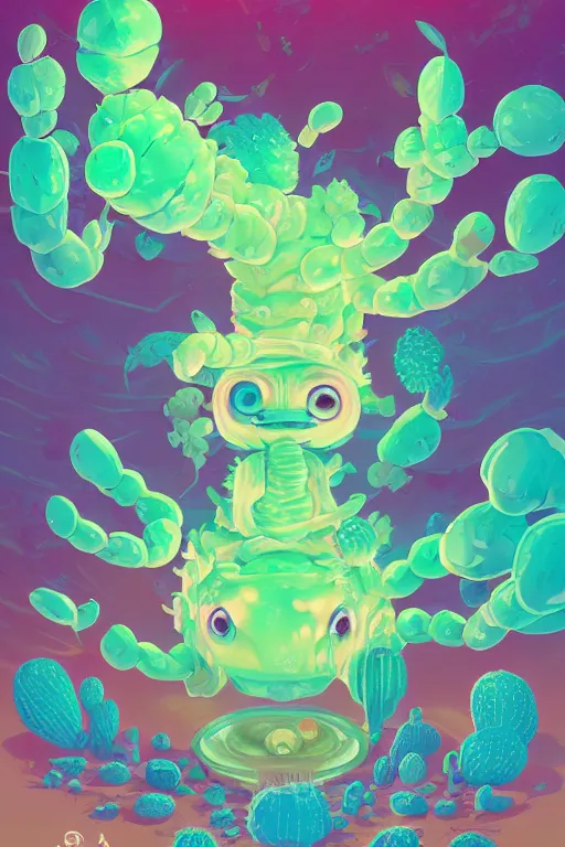 Image similar to roots cactus sushi cristal smurf ghost creature animal sushi cristal very big eye roots cactus elemental flush of force nature micro world fluo fishscale, behance hd by jesper ejsing, by rhads, makoto shinkai and lois van baarle, ilya kuvshinov, rossdraws radiating a glowing aura global illumination ray tracing hdr