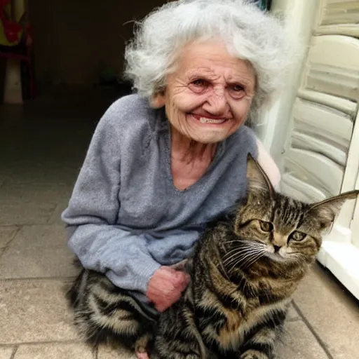 Prompt: an old woman who has just swallowed a whole cat and is proud of herself for it.