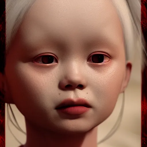 Image similar to 1900s beautiful albino Asian girl kid , unreal engine octane, red and white, portrait, gliter, depth of field, 8k, hyper detailed, tending on artstation