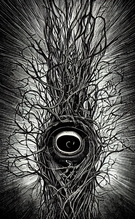 Prompt: portrait of lovecraftian onion with an eye in the middle of it, surrounded by beams of light dark background by wayne barlow, stanley donwood, anton semenov, zdzislaw bekinski, hr giger, 8 k, fantasy, dark, highly detailed