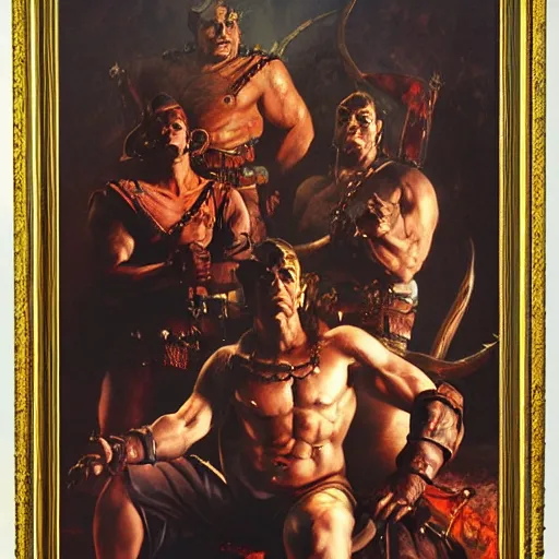 Image similar to ultra realistic portrait painting of the ubersreik five, art by frank frazetta, 4 k, ultra realistic, highly detailed, epic lighting