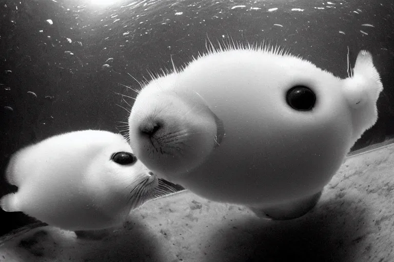 Image similar to “baby harp seals living in a terrarium, set in a mildly run down condo, 1996, photo, fish eye lens”