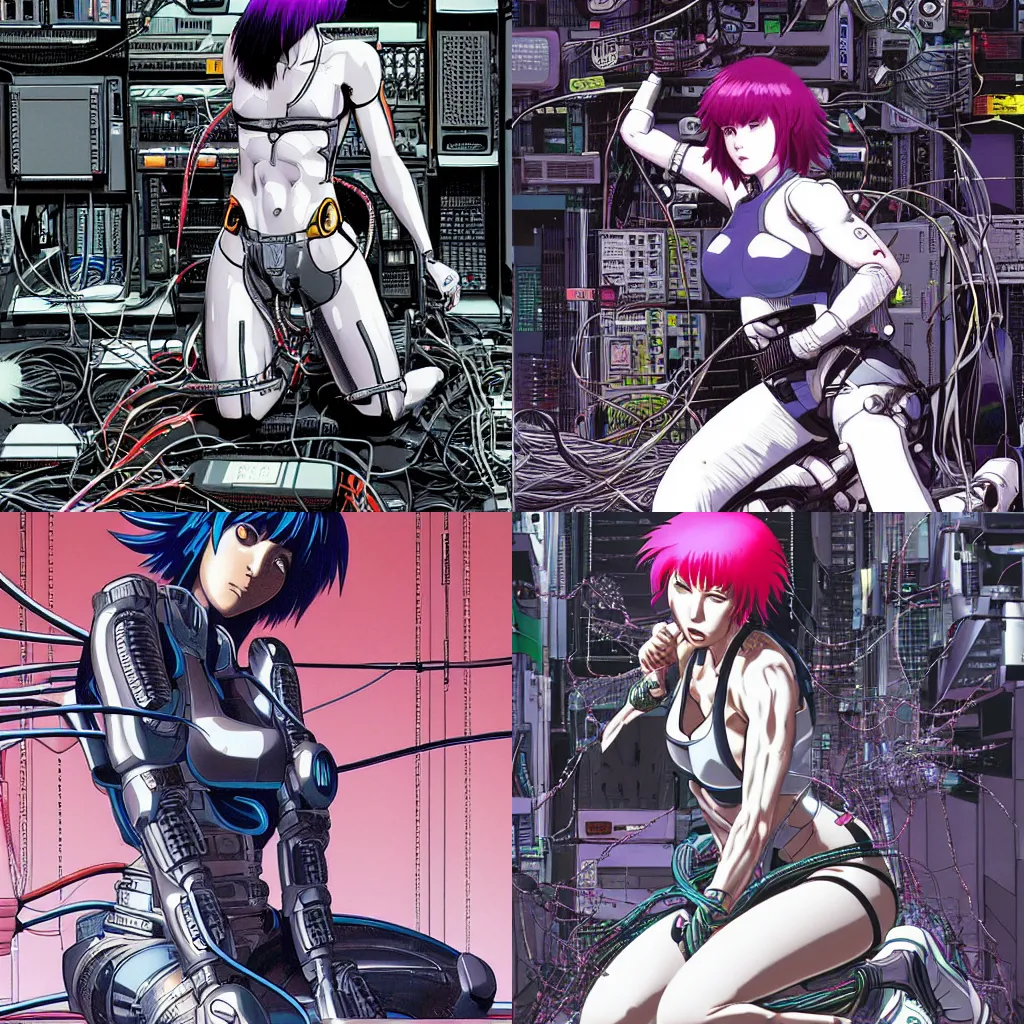 Prompt: motoko kusanagi kneeling on a white, empty floor, with a mess of wires and cables coming out of her head and backside, by masamune shirow and katsuhiro otomo, illustration, cyberpunk, hyper-detailed, colorful, complex, intricate, masterpiece, epic