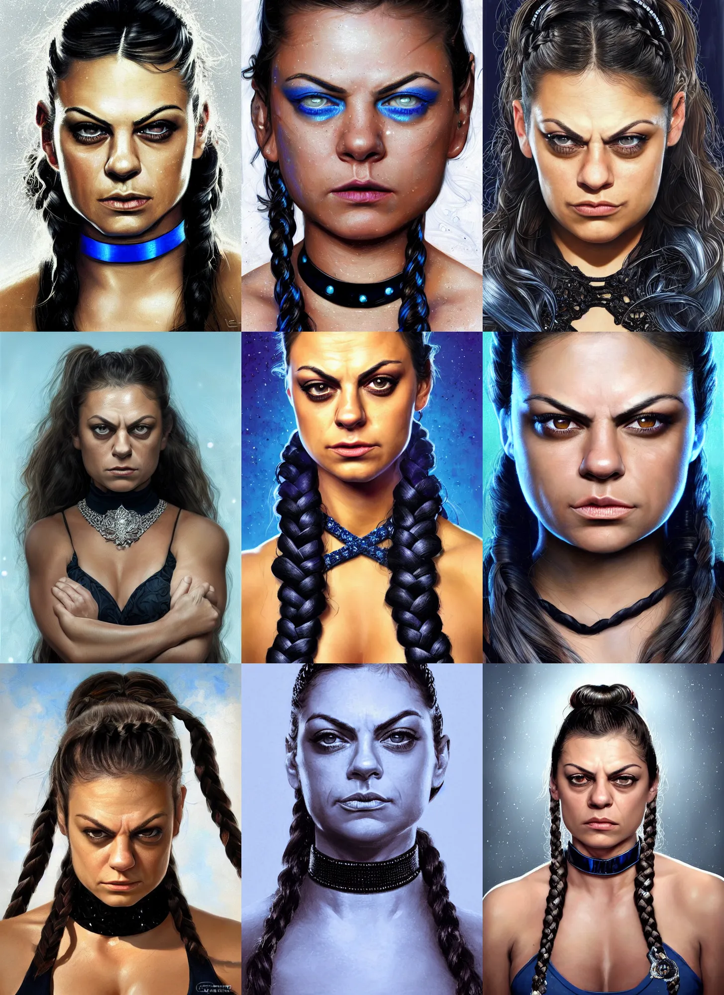 Prompt: portrait of angry muscled Mila Kunis with braided pigtails hair and bright blue squinting eyes looking directly into the camera, shiny sparkling diamonds, mouth slightly open, wearing intricate black choker, elegant, highly detailed, centered, digital painting, artstation, concept art, smooth, sharp focus, illustration, artgerm, donato giancola, Joseph Christian Leyendecker, WLOP, Boris Vallejo, Artgerm