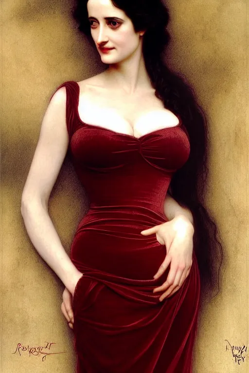 Image similar to eva green angeline jolie in velvet dress painting by rossetti bouguereau, detailed art, artstation