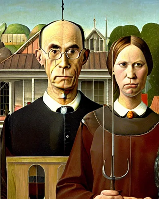 Image similar to American Gothic by Grant Wood painted by Hieronymus Bosch