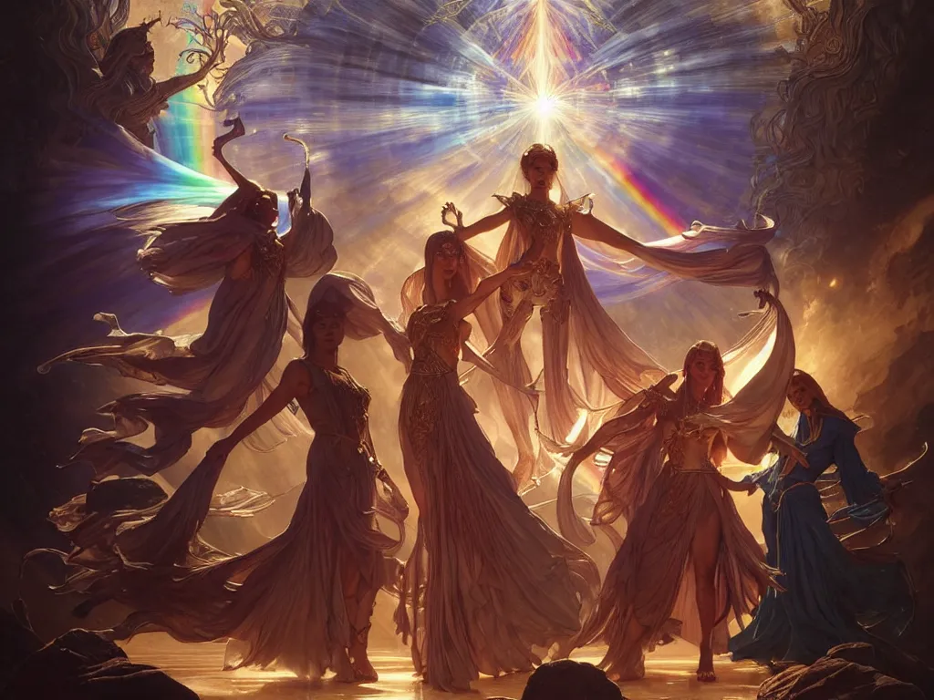 Prompt: painting of powerful stylish sorcerer and a cleric banishing shadow creatures with a rainbow spell, ultra realistic, concept art, intricate details, eerie, highly detailed, photorealistic, octane render, 8 k, unreal engine. art by artgerm and greg rutkowski and magali villeneuve and alphonse mucha