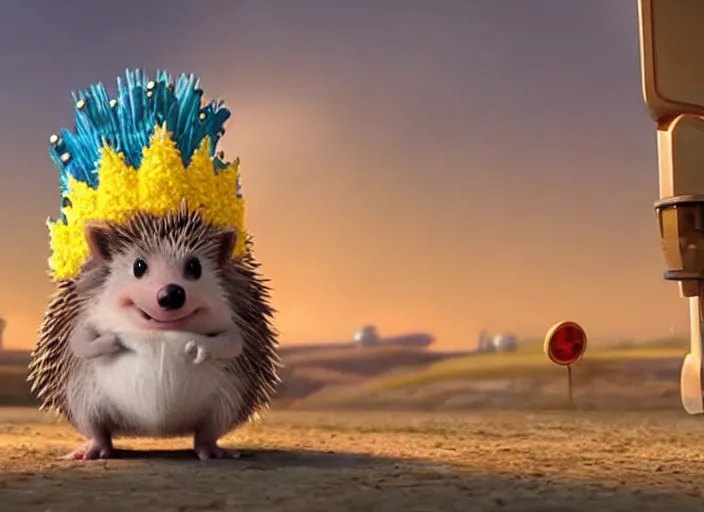 Image similar to a still from a pixar movie, of a hedgehog wearing a crown inside a scifi spaceship