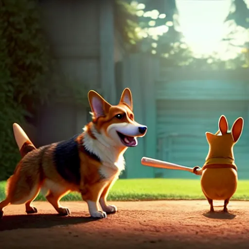 Prompt: weta disney pixar movie still photo of funny corgi with baseball bat : : dog by pixar : : giant sign that says bonk : : by weta, greg rutkowski, wlop, ilya kuvshinov, rossdraws, artgerm, octane render, iridescent, bright morning, anime, liosh, mucha : :