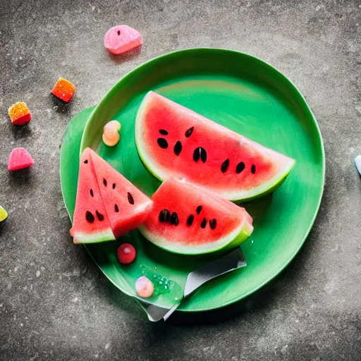 Image similar to A depressed water melon feeding ducks with candy