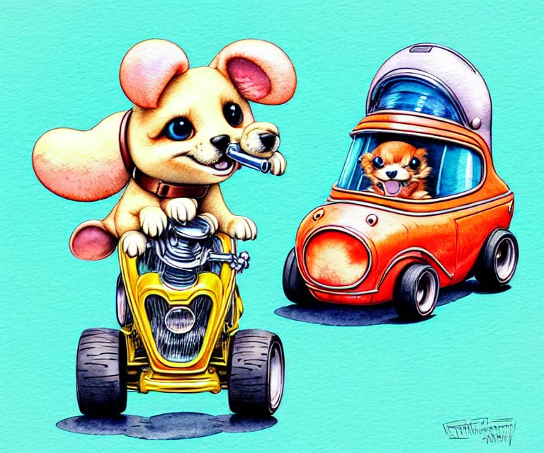 Image similar to cute and funny, puppy wearing a helmet riding in a tiny hot rod with an oversized engine, ratfink style by ed roth, centered award winning watercolor pen illustration, isometric illustration by chihiro iwasaki, edited by range murata, tiny details by artgerm and watercolor girl, symmetrically isometrically centered, sharply focused