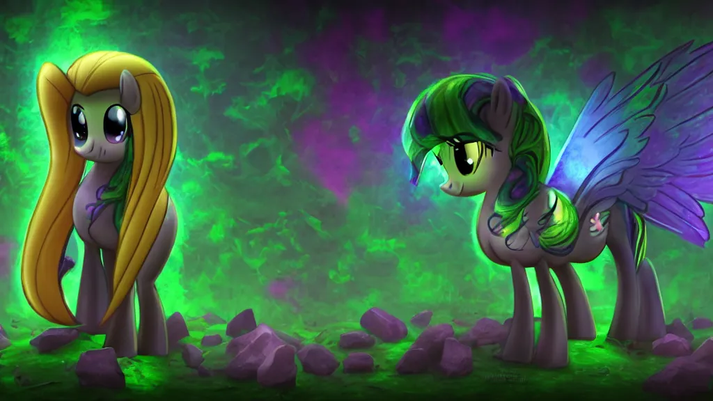 Image similar to 3D Fluttershy from My Little Pony as a necromancer, standing over a tomb stone, bright green swirls coming up it, glowing aura around her, pitch black background, dramatic and colorful lighting, she is surrounded by green chibi glowing skulls, smoke all around, insane special effects, unrealengine, 4k, HDR, unique camera angle, bones lying on the ground