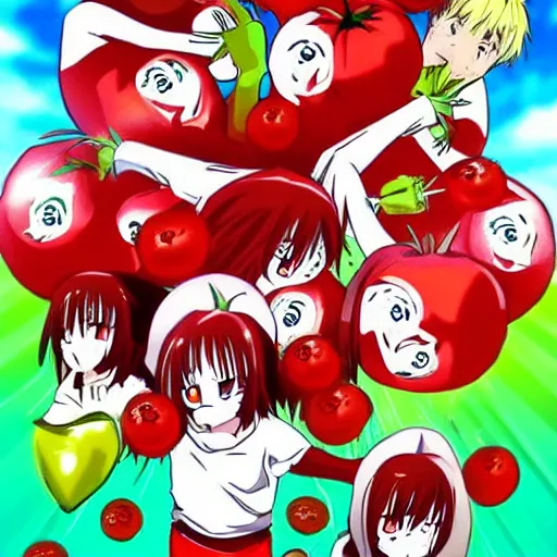 Image similar to attack of the killer's tomatoes. anime style