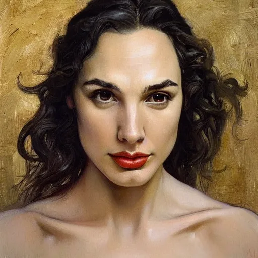 Image similar to Oil painting of the beautiful woman Gal Gadot, she is wearing some withe old cloths and a surreal ornate, her hair is natural disheveled, naturalism, dramatic lighting, high-detailed oil painting by Ilya Repin, Michelangelo da Caravaggio, William Blake, Alex Grey and Beksinski, trending on Artsatio, masterpiece, 4k, 8k,