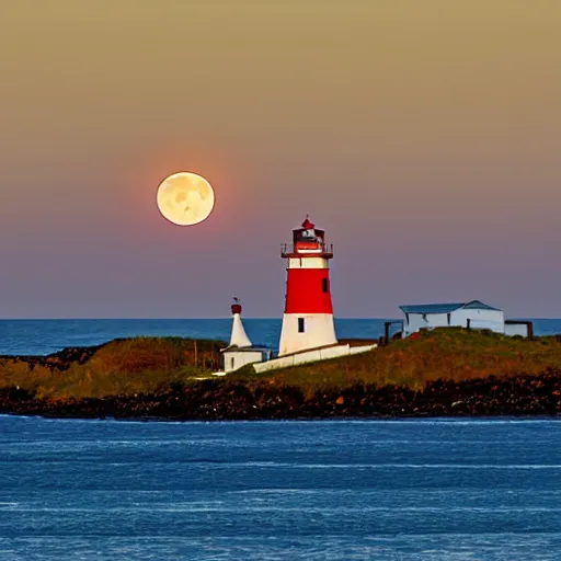 Prompt: A photo of a lighthouse on the coast of Maine with a rising harvest full moon directly behind the lighthouse, extreme telefoto lens compression, 800mm lens