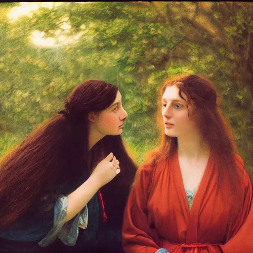 Image similar to painting of a pre - raphaelite girl and mother in robes, 5 0 mm lens, f 1. 4, sharp focus, ethereal, emotionally evoking, head in focus, volumetric lighting, blur dreamy outdoor,