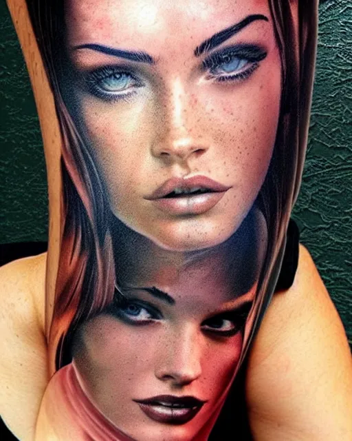 Image similar to double exposure effect tattoo sketch of a megan fox blended with a beautiful mountain scenery, surreal, in the style of matteo pasqualin, amazing detail, sharp