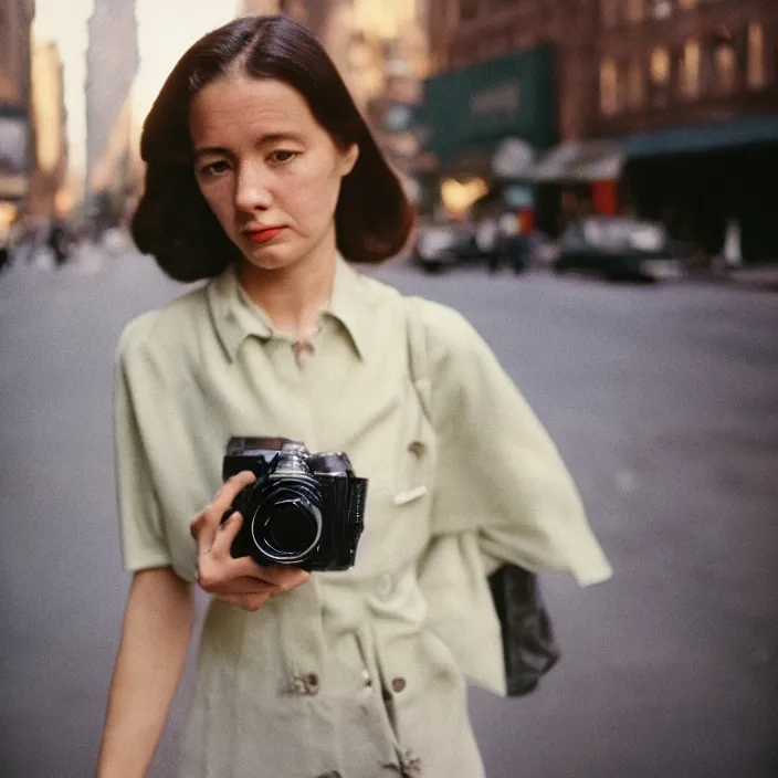 Prompt: medium format film close up portrait of a walking woman in new york by street photographer, 1 9 6 0 s hasselblad film photography, featured on unsplash, soft light photographed on colour vintage film