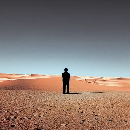 Prompt: photo of a man looking out across the desert, surreal style