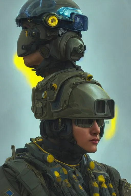 Image similar to a special forces unit soldier modern technology, blue and yellow shoulder patch, realistic portrait full body, symmetrical, highly detailed, digital painting, artstation, concept art, smooth, sharp focus, illustration, cinematic lighting, art by artgerm and greg rutkowski and alphonse mucha