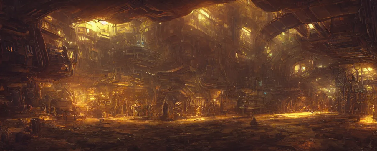 Image similar to ” steampunk docking bay inside an ancient cargo ship, [ art by paul lehr, cinematic, detailed, epic, widescreen, opening, establishing, mattepainting, photorealistic, realistic textures, octane render ] ”