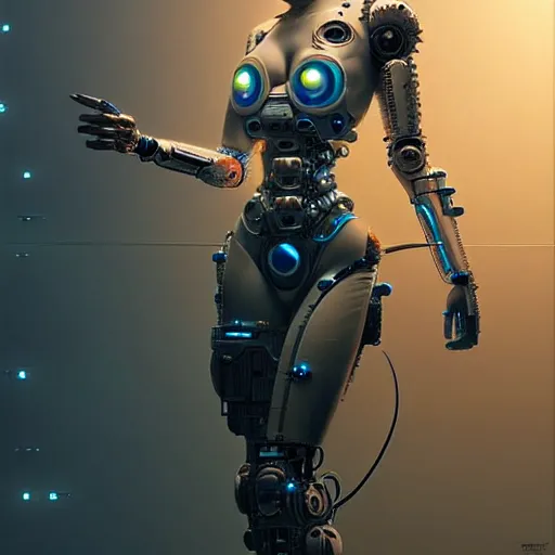 Image similar to a beautiful highly detailed futuristic mechanical lady, seductive confident pose, art by greg rutkowski and mark keathley, geof darrow, cyberpunk, 7 0 mm photo, featured on artstation, 4 k, octane render