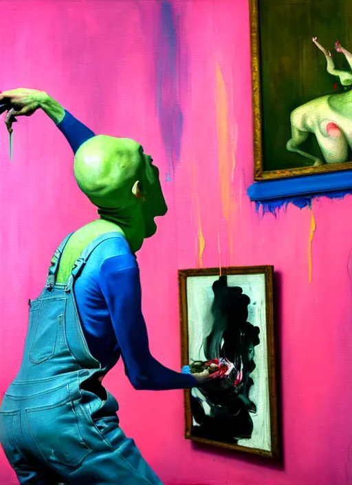 Prompt: an insane, skinny, artist wearing overalls, expressive painting the walls inside a grand messy studio, hauntingly surreal, highly detailed painting by francis bacon, edward hopper, adrian ghenie, gerhard richter, and james jean, soft light 4 k in pink, green and blue colour palette, cinematic composition