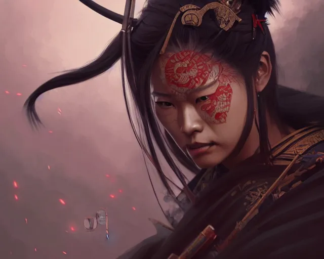 Image similar to oni samurai japanese style, face, fantasy, intricate, elegant, highly detailed, digital painting, artstation, concept art, smooth, sharp focus, illustration, artstation, cgsociety, art by artgerm and greg rutkowski and alphonse mucha