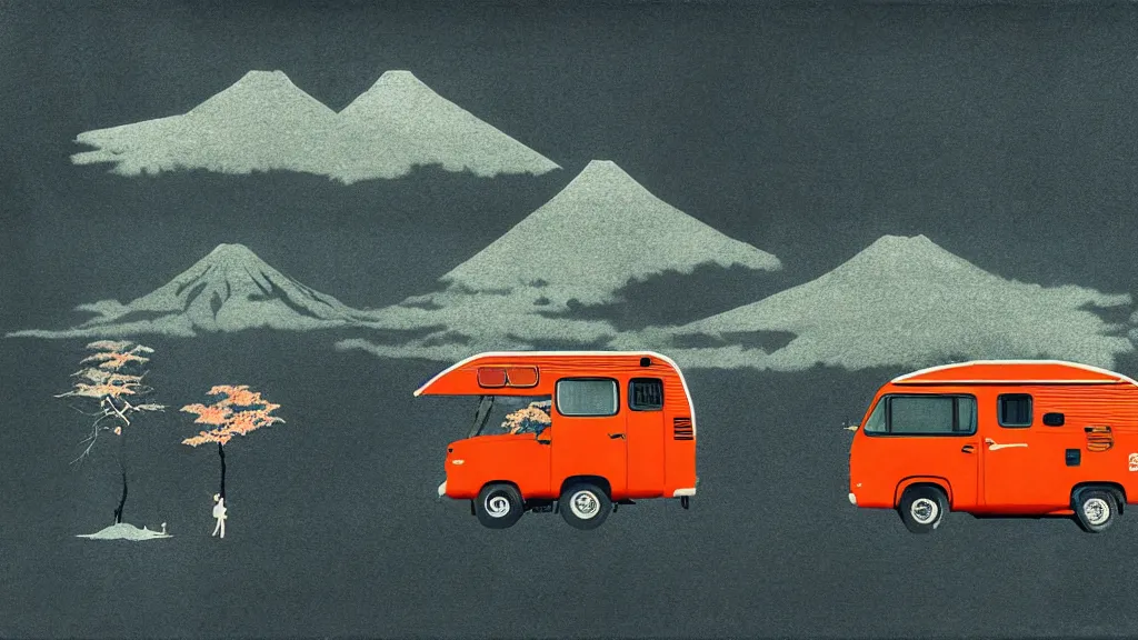 Prompt: japan various natural splendor and rural camper touring, a representational non - abstract collage painting, in the style of wes anderson, lola dupre, david hockney, isolated on negative space background bright monochrome spraypaint accents volumetric octane render