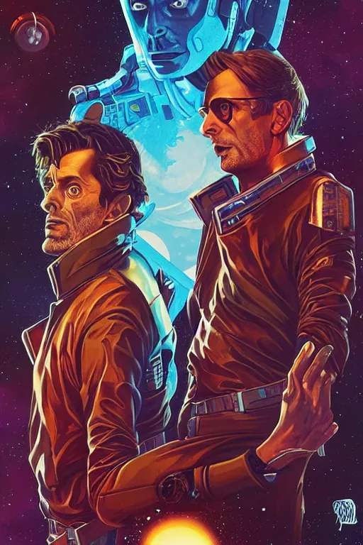 Image similar to Christopher Lloyd and David Tennant are space pirates, science fiction, retro cover, high details, intricate details, by vincent di fate, artgerm julie bell beeple, inking, screen print