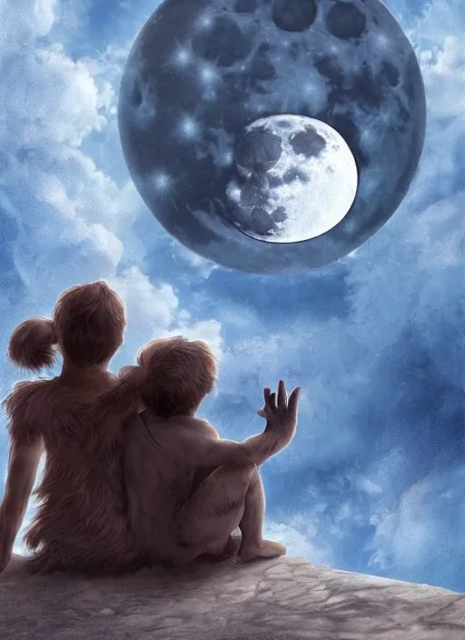 Prompt: a werewolf and a human child sitting next to each other, seen from behind, looking at the moon, fantasy art, matte painting, highly detailed