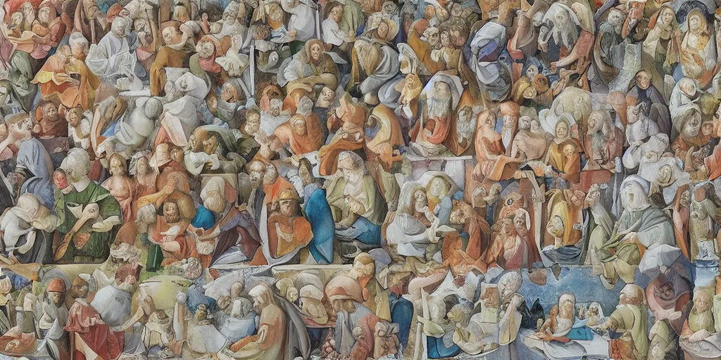 Image similar to multilayer last supper full color gradient pattern of escher style 3 6 0 panorama with hieronymus bosch style bubbles, unfinished, very detailed