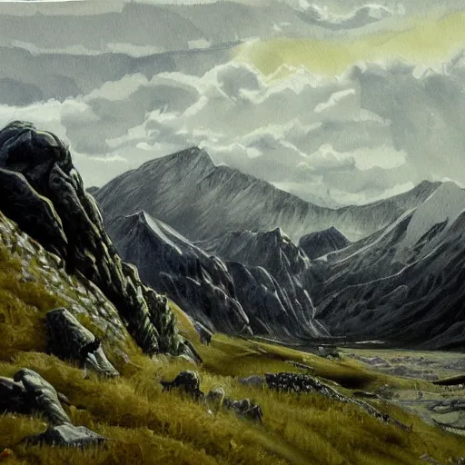 Image similar to painting lord of the rings landscape, edoras