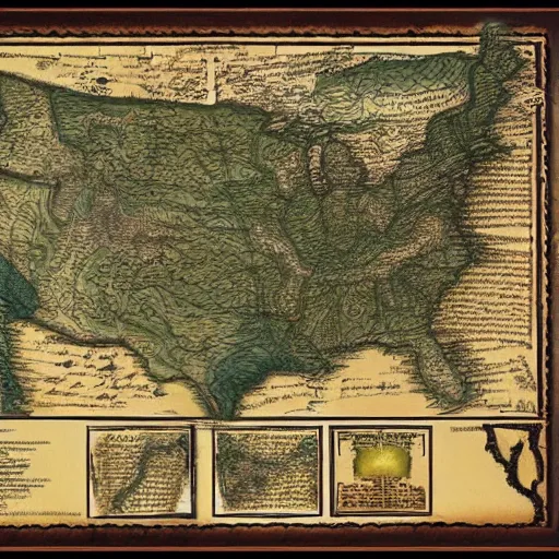 Prompt: ancient elvish map of the united states, lord of the rings, j r r tolkien