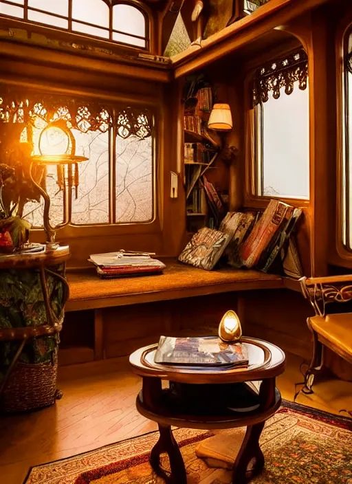 Image similar to an incredibly beautiful scene from a 2 0 2 2 marvel film featuring a cozy art nouveau reading nook in a fantasy treehouse interior. an end table with a lamp. golden hour. 8 k uhd.