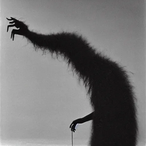 Image similar to bad quality vintage snap photography of realistic walking faceless beast-god with many long arms, a huge body covered with deep furs by Zdzisław Beksiński, odd eye, dark fantasy, fat, noiz, unbalanced , blur, haze, fog, vignetting, platinum printing