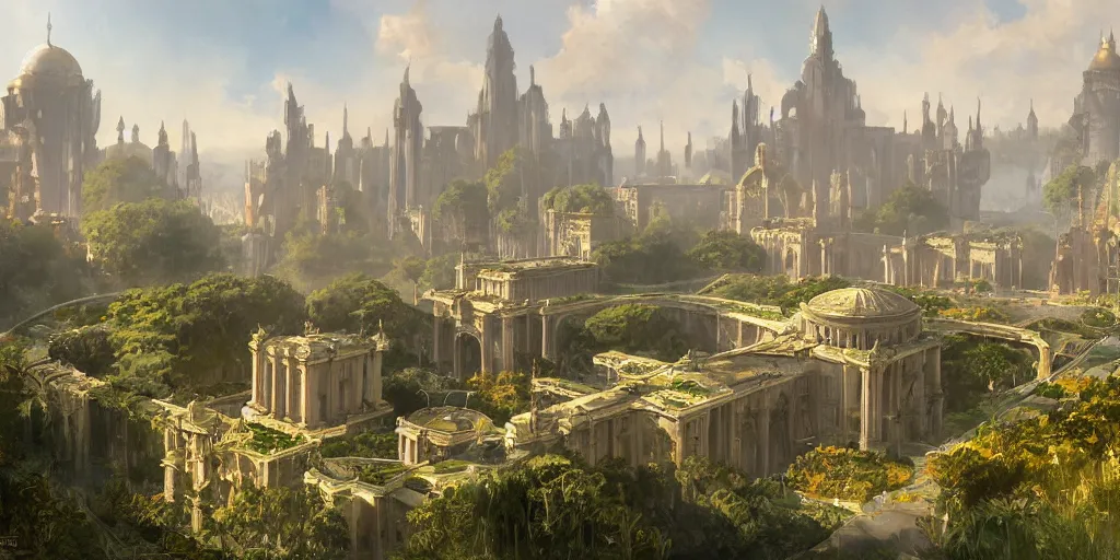 Prompt: an environmental concept art of theed on naboo, highly detailed, environmental light, cinematic by francis tneh