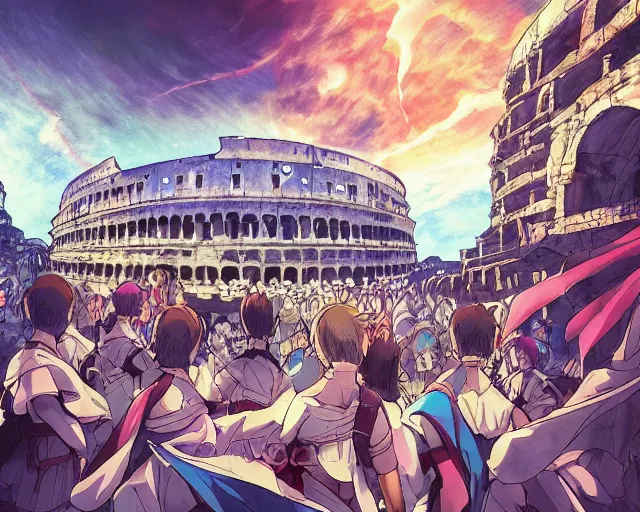 Prompt: cell shaded anime key visual of wizards in a colosseum with a crowd in the style of studio ghibli, moebius, ayami kojima, makoto shinkai, dramatic lighting, clean lines