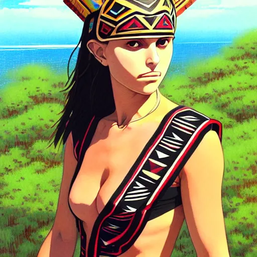 Image similar to beautiful boyish natalie portman alluring gravure model, wearing aztec wooden mask helmet cap and leotard, elegant bulky aztec football gear subtle mayan patterns, elegant aztec bathing suit, gapmoe yandere grimdark, trending on pixiv fanbox, painted by greg rutkowski makoto shinkai takashi takeuchi studio ghibli, akihiko yoshida